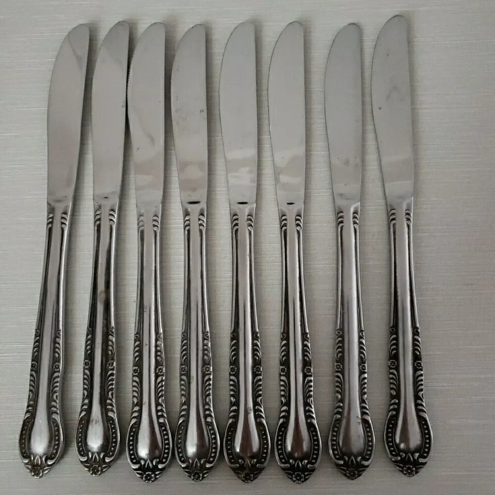 Columbia Stainless Dinner Knives Beaded Floral 8.5